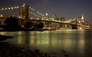 lights, new york, night, skylines, bridge, brooklyn bridge